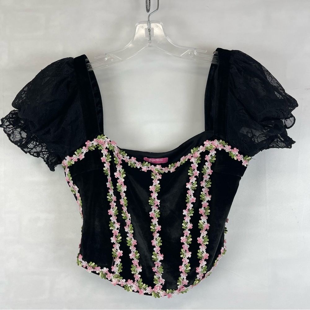 Sugar Thrillz Black Floral Embroidered Corset Top Size Small